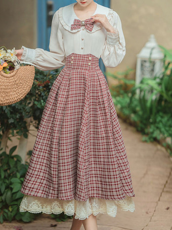 レッド アカデミックロリータ衣装カーキレースフリルリボンチェック柄長袖スカートブラウス