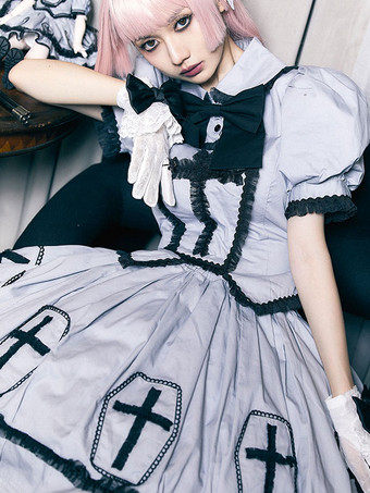 ゴスロリ衣装 グレー フリル リボン 半袖 スカート トップ