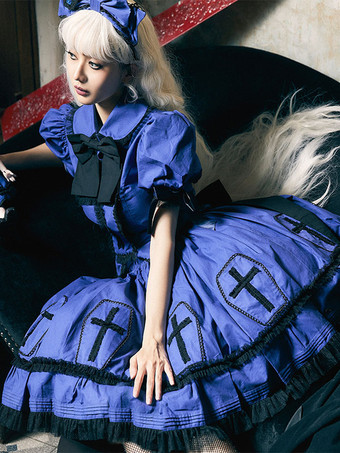 ブルー ゴスロリ衣装 グレー フリル リボン 半袖 スカート トップ