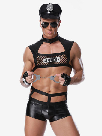 男性セクシーコスチュームハロウィン大人のパンツトップ手袋帽子ランジェリー PU レザーナイトクラブウェア