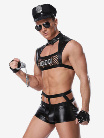 男性セクシーコスチュームハロウィン大人のパンツトップ手袋帽子ランジェリー PU レザーナイトクラブウェア