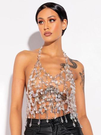 V-Neck Sequins Sleeveless Backless Sequined Sexy Top