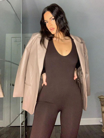 ブラウン ホワイト Uネック 長袖 ポリエステル テーパードフィット サマープレイスーツ