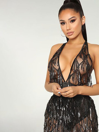 女性のためのクラブ ドレス ブラック V ネック フリンジ ノースリーブ ポリエステル セクシーなドレス