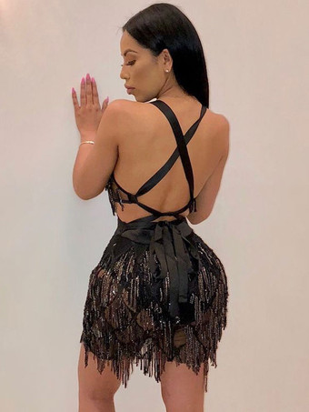 女性のためのクラブ ドレス ブラック V ネック フリンジ ノースリーブ ポリエステル セクシーなドレス