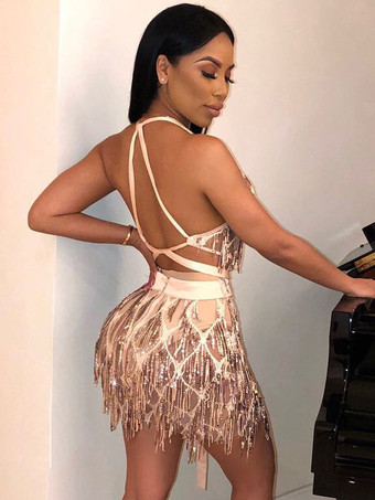 女性のためのクラブ ドレス ブラック V ネック フリンジ ノースリーブ ポリエステル セクシーなドレス