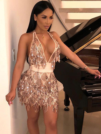 シャンパンカラー女性のためのクラブ ドレス ブラック V ネック フリンジ ノースリーブ ポリエステル セクシーなドレス