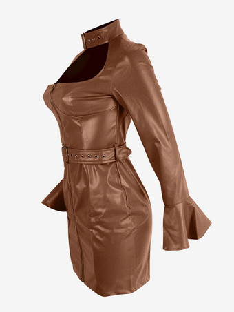 ボディコンドレス スクエアネック セクシー ロングスリーブ ペンシルドレス 誕生日 カーキ