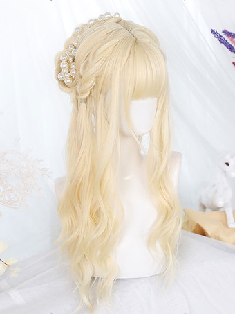 原宿ファッション ロリータ ウィッグ ロング 耐熱ファイバー ライトゴールド ロリータ アクセサリー