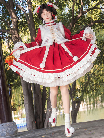 中華風ロリータドレス 刺繍入り 長袖 ポリエステル 中華風 赤 中華風ロリータ