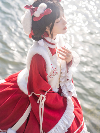 中華風ロリータドレス 刺繍入り 長袖 ポリエステル 中華風 赤 中華風ロリータ