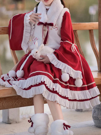 中華風ロリータドレス 刺繍入り 長袖 ポリエステル 中華風 赤 中華風ロリータ