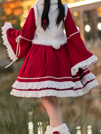 中華風ロリータドレス 刺繍入り 長袖 ポリエステル 中華風 赤 中華風ロリータ