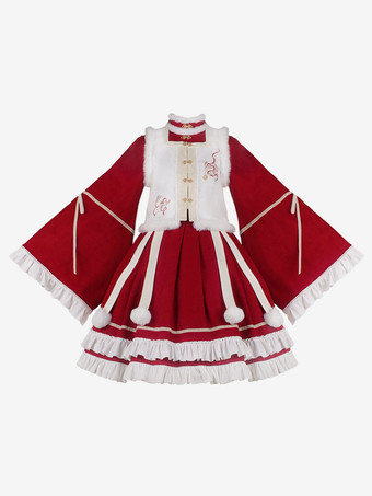中華風ロリータドレス 刺繍入り 長袖 ポリエステル 中華風 赤 中華風ロリータ