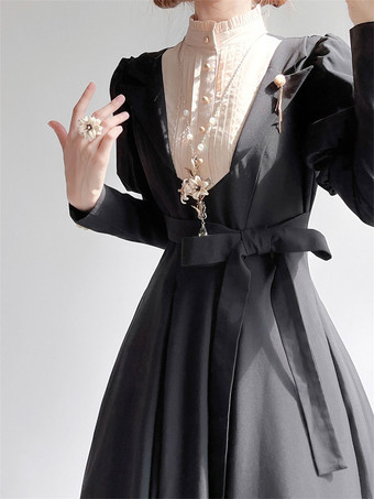 クラシカルロリータドレス ポリエステル フリルロリータドレス 長袖 クラシック ブラック