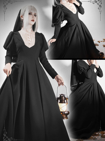 クラシカルロリータドレス ポリエステル フリルロリータドレス 長袖 クラシック ブラック