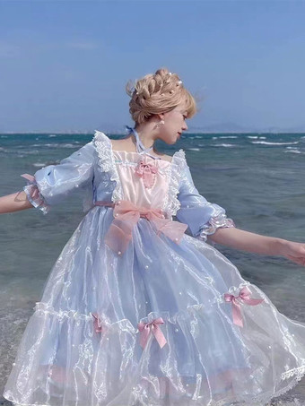ライトスカイブルースイートロリータドレス ポリエステル 半袖 パールプリンセス OP 夏 甘い かわいい 逃亡者 プリンセス ドレス