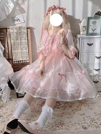 Sweet Lolita Dress Polyester Short Sleeves Pearl Princess OP Summer Sweet  Cute Fugitive Princess Dress