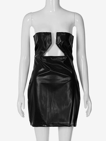 誕生日 ボディコンドレス 女性用 ストラップレス カットアウト PUレザー セクシークラブドレス