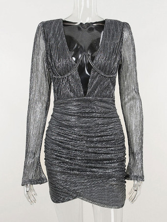 テクスチャードミニドレス プランジ フェイクラップスカート シャーリング 誕生日パーティードレス