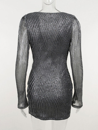 テクスチャードミニドレス プランジ フェイクラップスカート シャーリング 誕生日パーティードレス