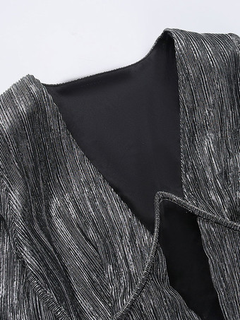 テクスチャードミニドレス プランジ フェイクラップスカート シャーリング 誕生日パーティードレス