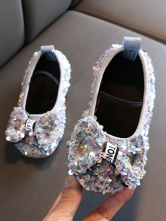 Zapatos de niña de las flores Zapatos de fiesta con lazos de tela de lentejuelas plateadas para niños