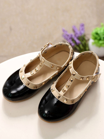Zapatos de niña de las flores Zapatos de fiesta con remaches de cuero PU negro para niños