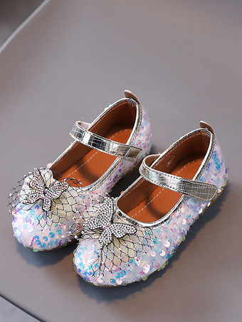 Chaussures De Fille De Fleur En Tissu À Paillettes Papillon Blanches Avec Nœuds Chaussures De Fête Pour Enfants