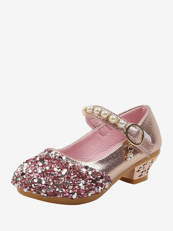 Zapatos de niña de las flores Zapatos de fiesta de perlas de tela con lentejuelas rosa para niños