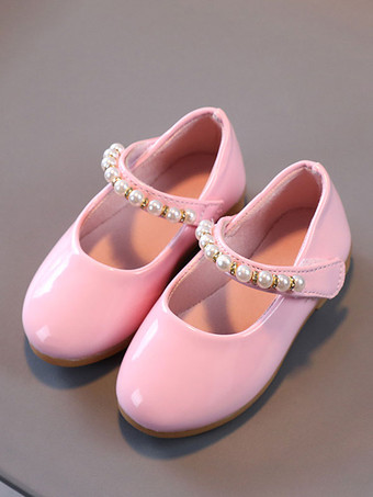 Flower Girl Shoes Pink PU Leather Pearls Party Shoes For Kids