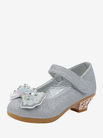 Flower Girl Shoes Silver Sequined Cloth Bows Party Shoes For Kids