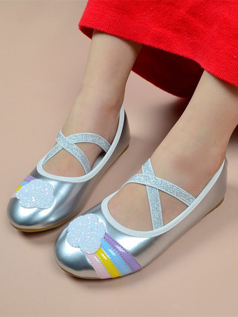 Zapatos de niña de flores Zapatos de fiesta de lentejuelas de cuero PU plateado para niños