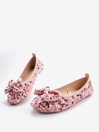 Zapatos de niña de las flores Zapatos de fiesta con lazos de tela de lentejuelas rosa para niños