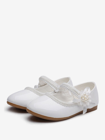 Zapatos de niña de las flores Zapatos de fiesta con lazos de cuero de PU blanco para niños