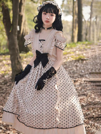 ライト アプリコットスウィートロリータドレス 半袖 ボウドレス