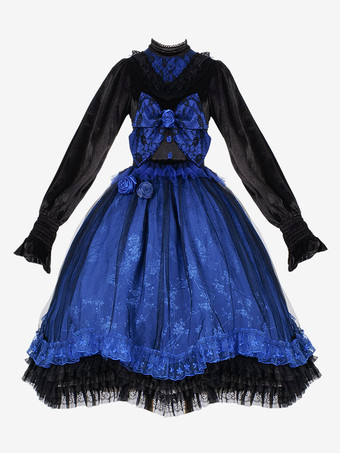 ゴシックロリータドレス レース フリル ブルー ブルー