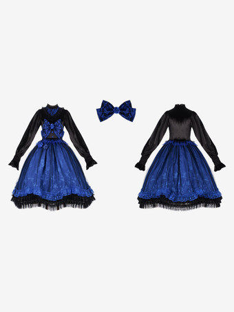 ゴシックロリータドレス レース フリル ブルー ブルー