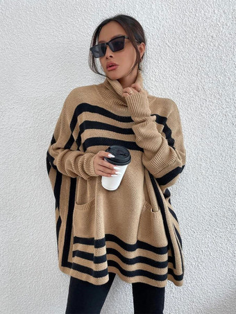 Pullover für Frauen  Khaki  zweifarbig  hoher Kragen  lange Ärmel  übergroße Polyester-Pullover