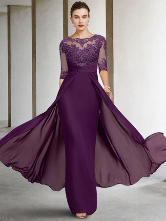 プラムブライダルマザードレスジュエルネックハーフスリーブシースレース床長さの結婚式のゲストドレス無料カスタマイズ