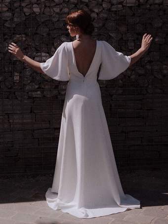 Simple Wedding Dress A-Line V-Neck Short Sleeves Lace Bridal Dresses