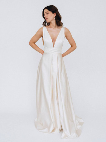 Simple Wedding Dress A-Line V-Neck Sleeveless Split Front Bridal Gowns