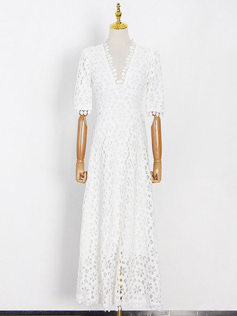 V-Neck Maxi Dress Half Sleeves Casual Floor Length Dress