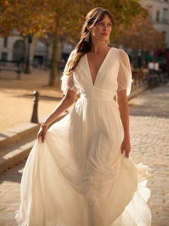 Vestido de noiva simples evasê com decote em V manga curta vestidos de noiva