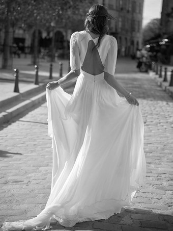 Abiti da Sposa Semplici Avorio maniche corte di poliestere con scollo a V svasata Abito da Sposa Semplice