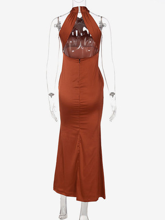 ホルター マキシ ドレス ノースリーブ セクシー ストレッチ プリーツ フロアレングス プロムドレス