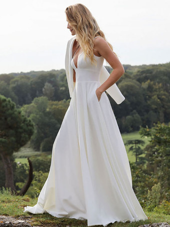 シンプルなウェディングドレス Aライン Vネック ノースリーブ ブライダルドレス