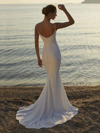 シンプルなウェディング ドレス サテン生地 V ネック ノースリーブ レース マーメイド ブライダル ガウン無料カスタマイズ