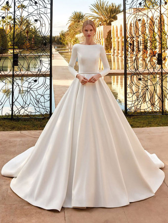 Простое свадебное платье 2024 A-Line Jewel Neck с длинными рукавами Sash Свадебные платья Бесплатная настройка