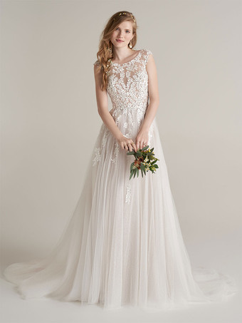 Lace Wedding Dress 2024 With Train A-Line Sleeveless Lace Jewel Neck Bridal Gowns Free Customization